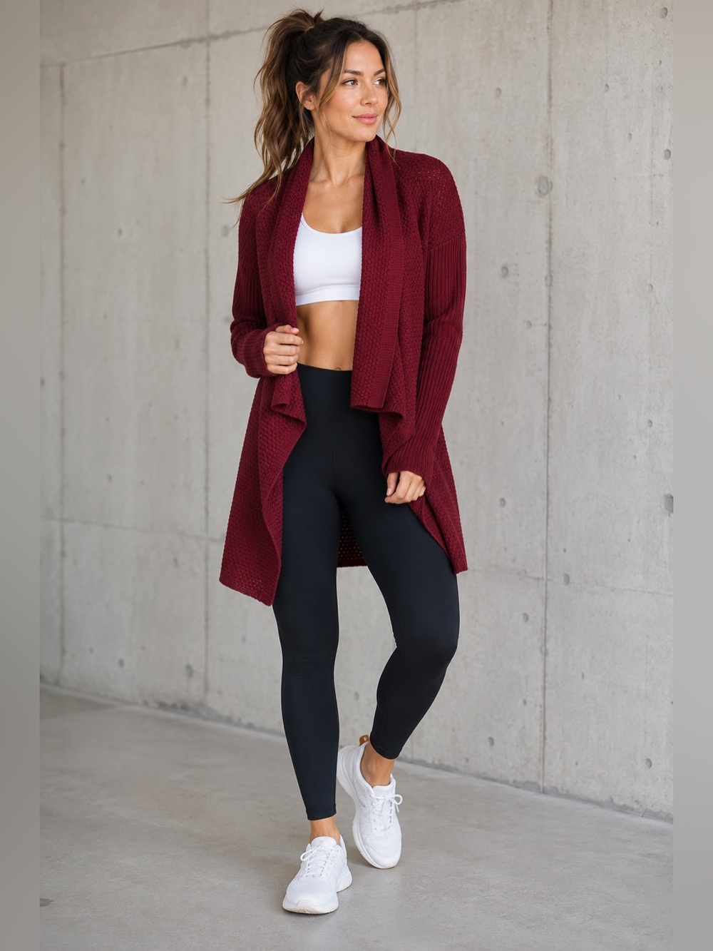 JustFab Burgundy Waffle Knit Drape Front Open Cardigan Sweater | Women’s Medium